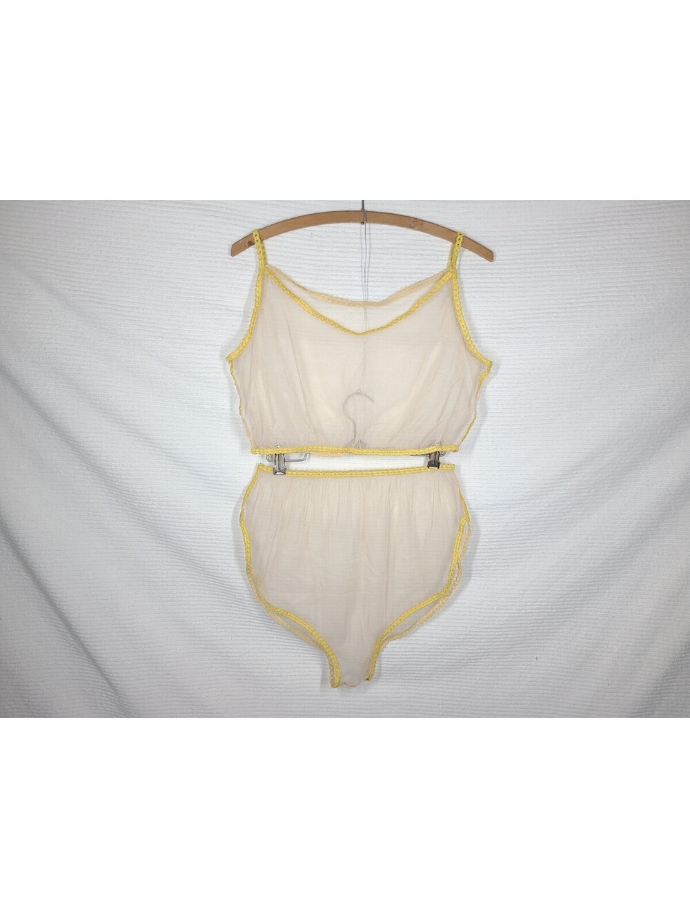 Vtg Sheer Mesh Lingerie Set L Nylon Net Ivory Cream See Thru NOS Chain Straps